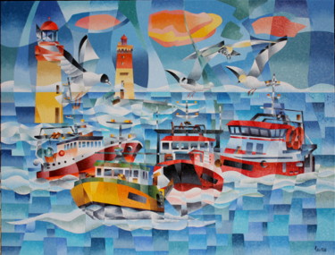 Peinture intitulée "sortie-en-peche-atl…" par Jean Rougerie, Œuvre d'art originale, Huile Monté sur Châssis en bois