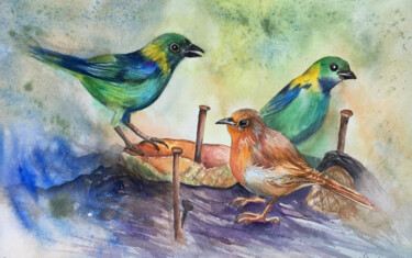 제목이 "Les oiseaux verts"인 미술작품 Sylvie Boulet로, 원작, 수채화