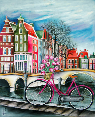 绘画 标题为“Bike Stop - Amsterd…” 由Miriam Besa, 原创艺术品, 油