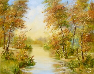 Painting titled "Autumn" by Karola Kiss, Original Artwork, Oil Mounted on Wood Panel