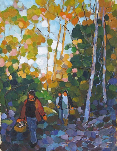 Malerei mit dem Titel "Promenade en foret" von Patrick Marie, Original-Kunstwerk, Öl Auf Keilrahmen aus Holz montiert