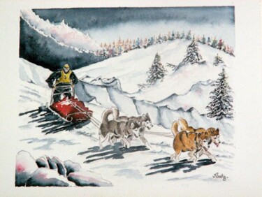 Painting titled "Chiens de traineau…" by Martine Salmon, Original Artwork, Oil