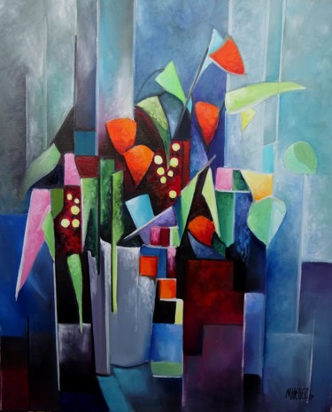 Painting titled "l'amour-en-cage" by Martine Woellet, Original Artwork, Oil