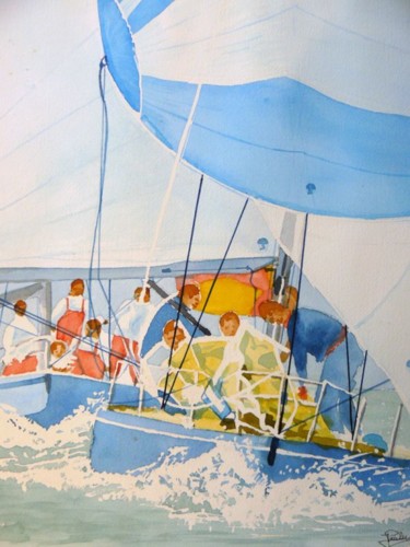 Poursuite sous spi / Pursuit under spinnaker Peinture intitulée "Poursuite sous spi…" par Jacques Paulus, Œuvre d'art originale, Aquarelle