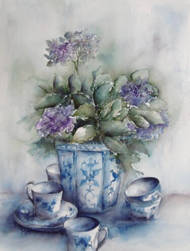 Painting titled "Hortensia et porcel…" by Marie-Charlotte Houpeurt-Chauffeté, Original Artwork, Watercolor