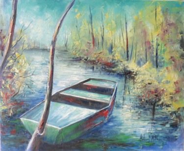 Peinture intitulée "Barque en Seine" par Hubert Mathieu, Œuvre d'art originale, Huile