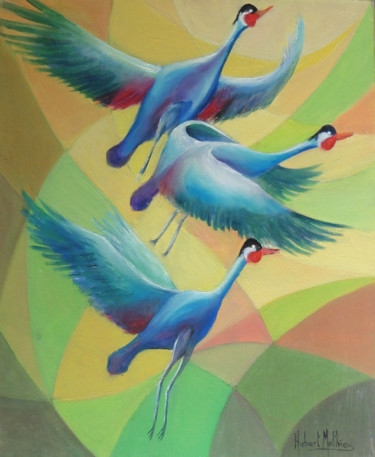 Peinture intitulée "Grues Cendrés" par Hubert Mathieu, Œuvre d'art originale, Huile