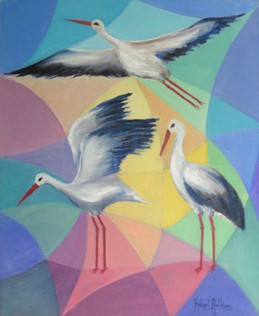 Peinture intitulée "Les Cigognes" par Hubert Mathieu, Œuvre d'art originale, Huile