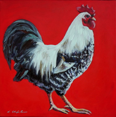 Coq blanc (sussex) sur fond rouge