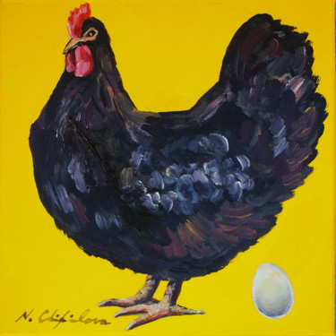 Poule noire sur fond jaune