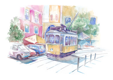 Drawing titled "Lisboa Tram" by Aleksandr Petrunin, Original Artwork, Ink