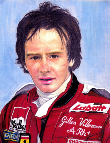 Ritratto a Gilles Villeneuve sfondo azzurro.jpg Peinture intitulée "Ritratto a Gilles V…" par Sandra Malagoli, Œuvre d'art originale, Tempera Monté sur artwork_cat.