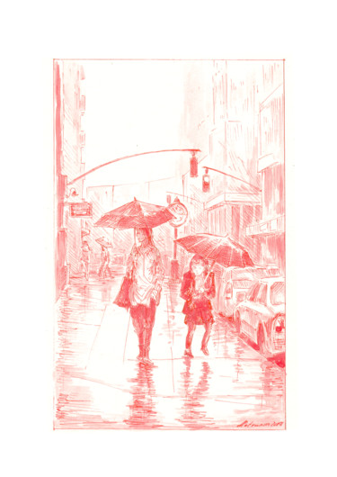 Drawing titled "Rainy Day, NYC" by Aleksandr Petrunin, Original Artwork, Ink
