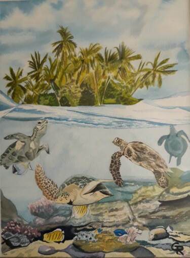 Peinture intitulée "Turtule island" par Gatt One, Œuvre d'art originale, Aquarelle