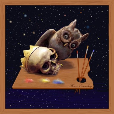 Digital Arts titled "Crâne et Hibou" by Henri Eisenberg, Original Artwork, Digital Painting