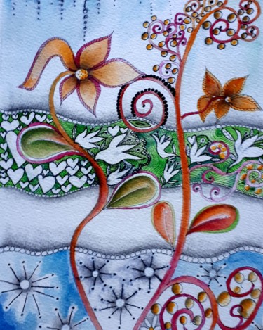 Peinture intitulée "SUMMER BLOSSOM 3" par Ervalena, Œuvre d'art originale, Encre