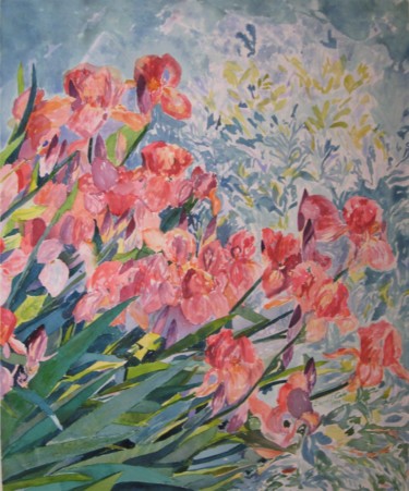 Painting titled "WILD IRISES" by David Cade, Original Artwork, Watercolor
