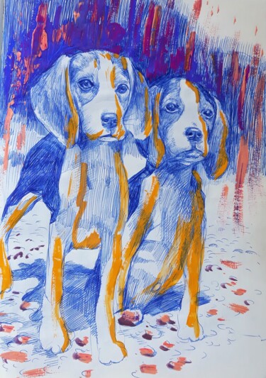 图画 标题为“Two Dogs Are Waiting” 由Berthold Von Kamptz, 原创艺术品, 圆珠笔