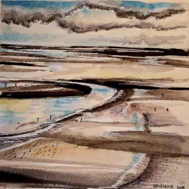 Peinture intitulée "BAIE MONT SAINT-MIC…" par Ervalena, Œuvre d'art originale, Encre