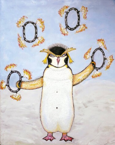 Painting titled "manchot gorfou de p…" by Rodolphe Quinet, Original Artwork, Oil Mounted on Wood Stretcher frame