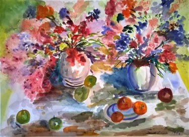 Painting titled "PATIO FLORAL WITH F…" by David Cade, Original Artwork, Watercolor