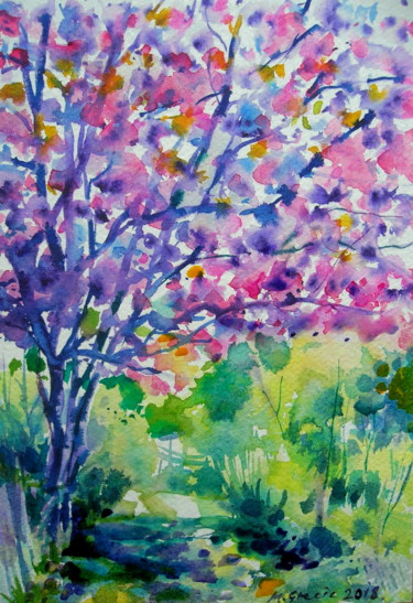 Ζωγραφική με τίτλο "Pink blossom" από Maja Grecic, Αυθεντικά έργα τέχνης, Ακουαρέλα