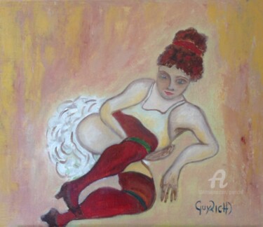 Nue aux bas rouges Peinture intitulée "Nue aux bas rouges" par Guyrichd, Œuvre d'art originale