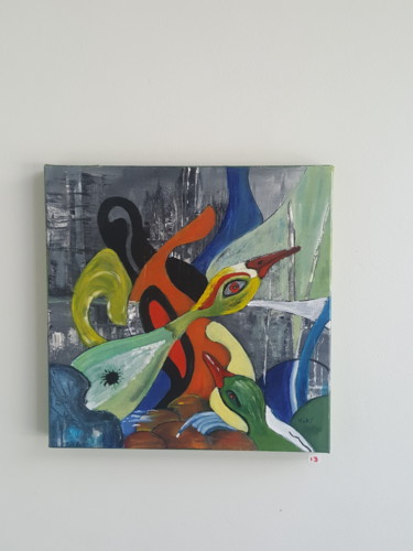 Schilderij getiteld "Birds do fit in" door Nikv, Origineel Kunstwerk, Acryl
