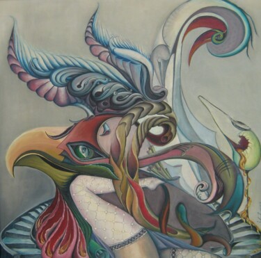 Schilderij getiteld "De trapzaal" door Bob Ivens, Origineel Kunstwerk, Olie Gemonteerd op Frame voor houten brancard