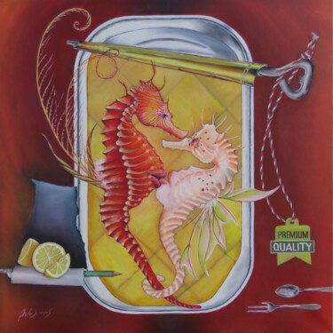 Schilderij getiteld "Het ontbijt" door Bob Ivens, Origineel Kunstwerk, Olie Gemonteerd op Frame voor houten brancard