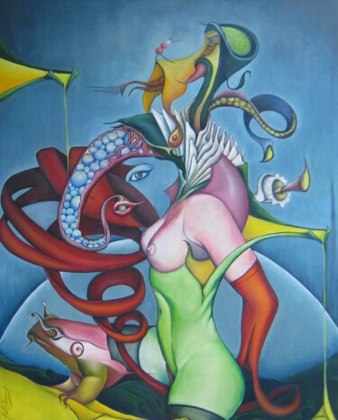 de slurf Painting titled "de slurf" by Bob Ivens, Original Artwork, Oil Mounted on Wood Stretcher frame