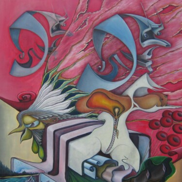Painting titled "De droomfabriek" by Bob Ivens, Original Artwork, Oil Mounted on Wood Stretcher frame
