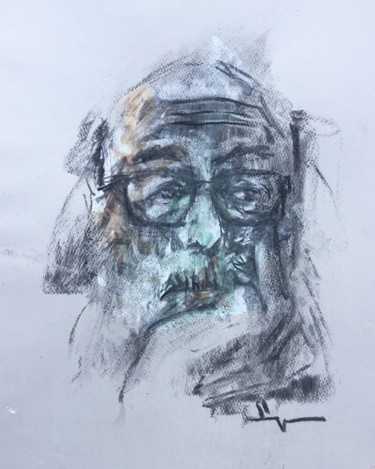 Drawing titled "Old Man With Glasses" by Dominique Dève, Original Artwork, Charcoal