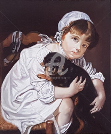 la-petite-fille-et-le-chien-de-greuze.jpg Peinture intitulée "la-petite-fille-et-…" par Tykamao, Œuvre d'art originale, Huile