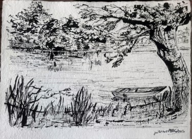 Dessin intitulée "Au bord de la Loire" par Marian Cobos, Œuvre d'art originale, Encre