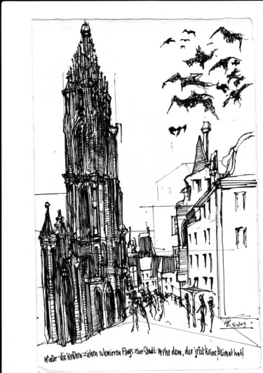 Die Krähen ziehen schwirren Flugs zur Stadt. Zeichnungen mit dem Titel "Die Krähen ziehen s…" von Stephan Rodriguez Warnemünde, Original-Kunstwerk, Tinte