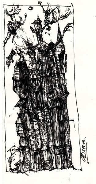 Turmbau zu Babel (2) Zeichnungen mit dem Titel "Turmbau zu Babel (2)" von Stephan Rodriguez Warnemünde, Original-Kunstwerk, Tinte