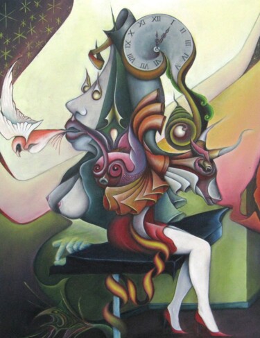 5 over 12, te laat Painting titled "5 over 12, te laat" by Bob Ivens, Original Artwork, Oil Mounted on Wood Stretcher frame
