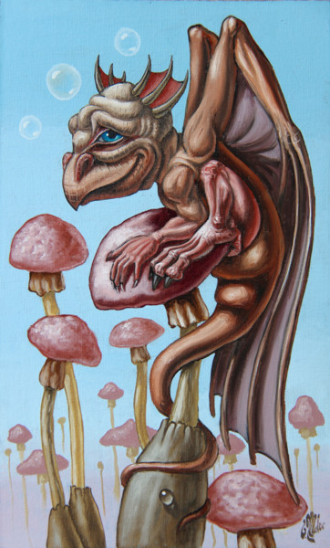 Schilderij getiteld "Slithy Tove" door Victor Molev, Origineel Kunstwerk, Olie Gemonteerd op Karton