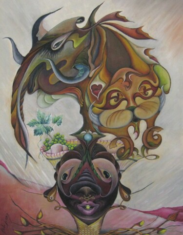 Painting titled "De fruitkorf" by Bob Ivens, Original Artwork, Oil Mounted on Wood Stretcher frame