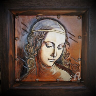 Portrait sur cuir- jeune fille de la Renaissance Peinture intitulée "Portrait sur cuir-…" par Margaery, Œuvre d'art originale, Acrylique Monté sur Panneau de bois