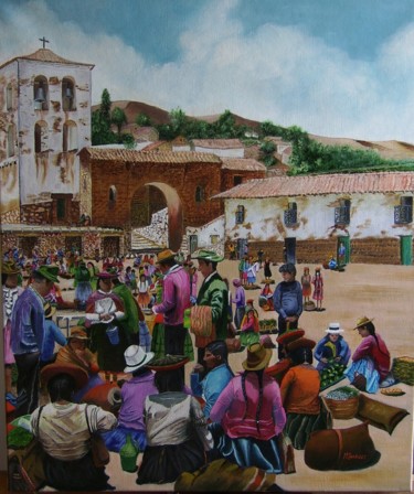 Peinture intitulée "MARCHE AU PEROU   '…" par Maryvonne Charvet, Œuvre d'art originale, Huile Monté sur Châssis en bois