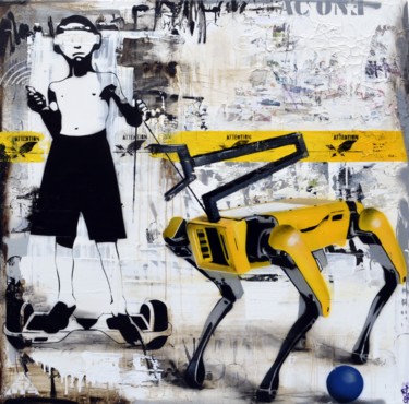 boy with dog Painting titled "boy with dog" by Ac One, Original Artwork, Acrylic Mounted on Wood Stretcher frame