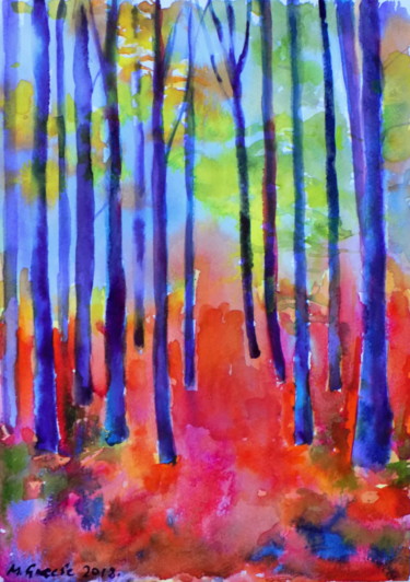 Painting titled "Misty forest" by Maja Grecic, Original Artwork, Watercolor