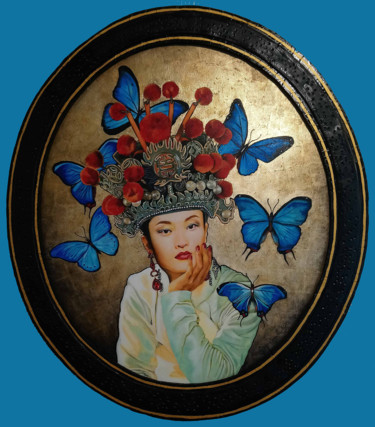 "La Japonaise à la Coiffe aux pompons et Papillons bleus" Peinture intitulée ""La Japonaise à la…" par Catherine Gosselin, Œuvre d'art originale, Huile Monté sur Châssis en bois