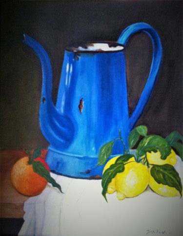 Peinture intitulée "Cafetière bleue cit…" par Josy Chatain, Œuvre d'art originale, Huile