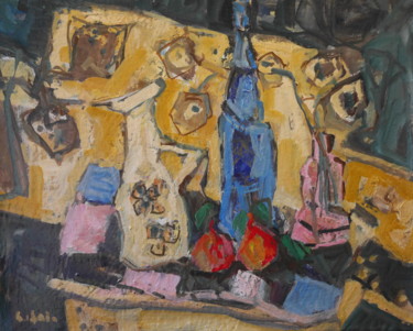 Painting titled "la bouteille bleue" by Gildas Cadic, Original Artwork, Oil