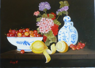 Peinture intitulée "nature morte cerise…" par Josy Chatain, Œuvre d'art originale