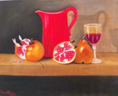 Peinture intitulée "Pichet rouge grenad…" par Josy Chatain, Œuvre d'art originale