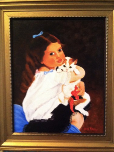 Peinture intitulée "Fillette et chat (c…" par Josy Chatain, Œuvre d'art originale